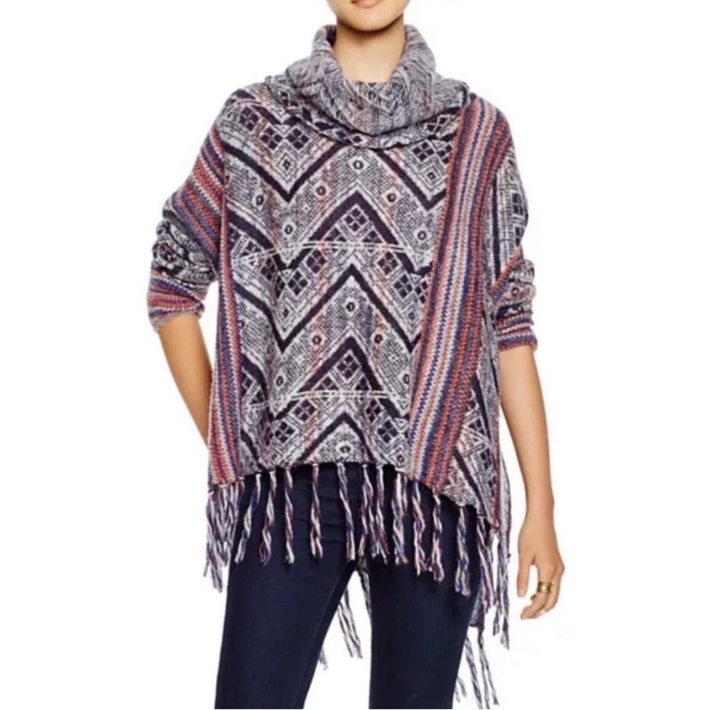Free People Be The One Poncho fringe cowl neck long sleeve wool sweater‎ women M
